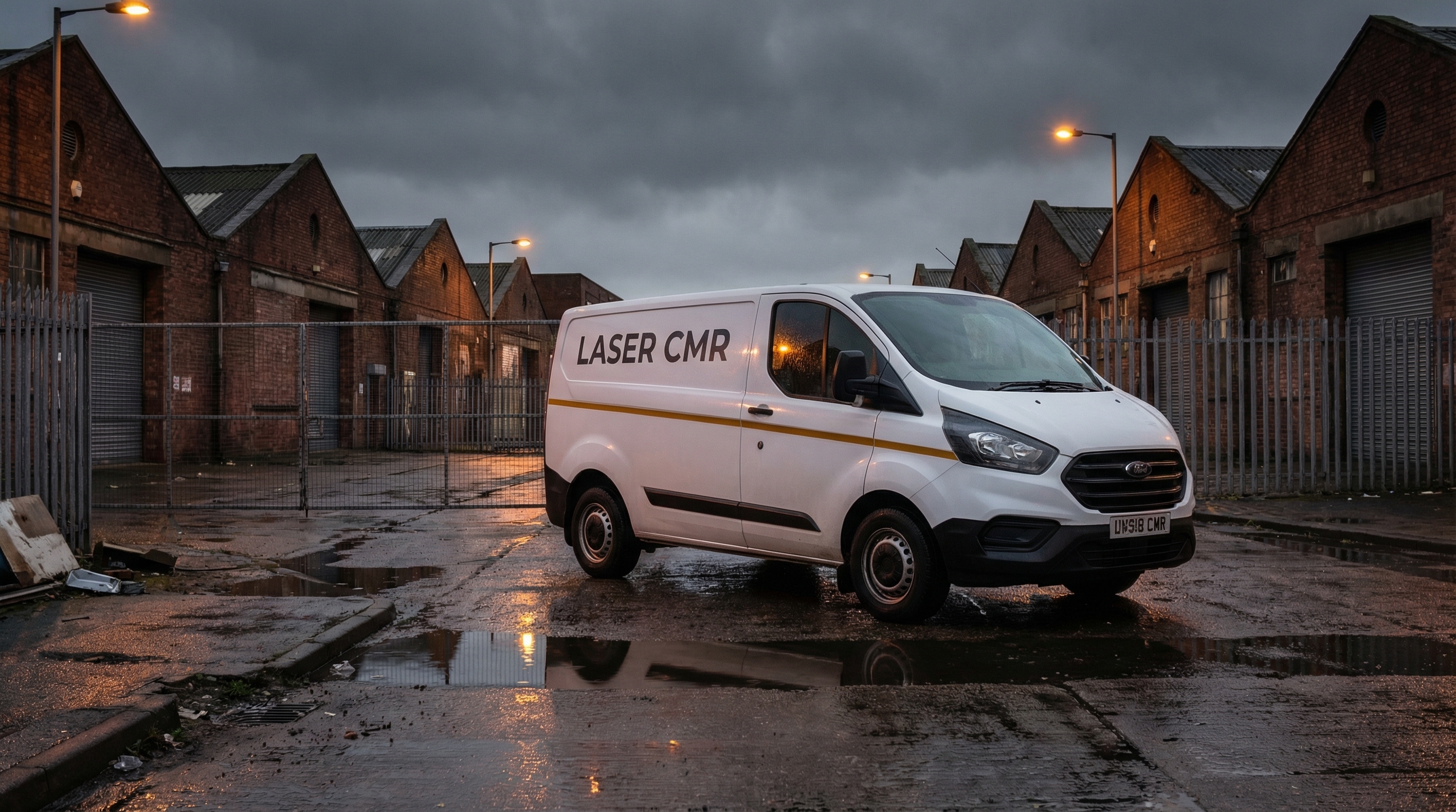 LASER CMR delivery van with amber livery on Birmingham industrial estate at dawn